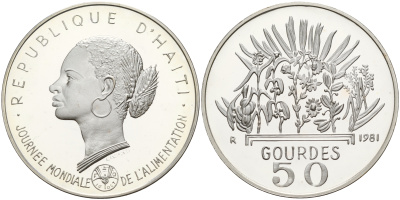 Гаити 50 гурдов 1981 50 лет FAO, голова женщины KM 149 серебро PROOF 1066-1-24-M16-13