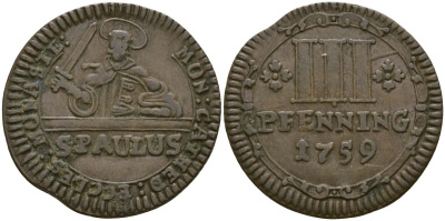 Мюнстер 3 пфеннига 1759 KM 430 медь 272-241