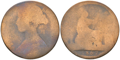 Великобритания 1 пенни 1862 Виктория (1837-1901) KM 749.2, Spink 3954 бронза 221-1132