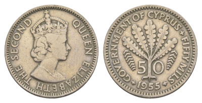 Кипр 50 милей 1955 KM 36 медно-никель 4652-356