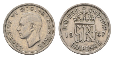 Великобритания 6 пенсов 1947 Георг VI (1936-1952) KM 862, Spink 4105 медно-никель 4696-813