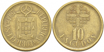 ПОРТУГАЛИЯ 10 ЭСКУДО 1987 KM 633 никель латунь 77-745