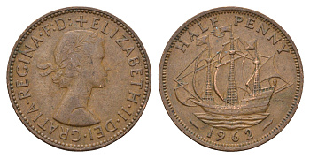 Великобритания 1/2 пенни 1962 Елизавета II (1952-2022) KM 896, Spink 4158 бронза 4675-431