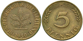 ФРГ 5 пфеннигов 1950 J KM 107, J.382 сталь плакированная латунью 4364-1547