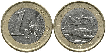 ФИНЛЯНДИЯ 1 ЕВРО 2001 М, ДВА ЛЕБЕДЯ В ПОЛЕТЕ KM 104 биметалл 34-324