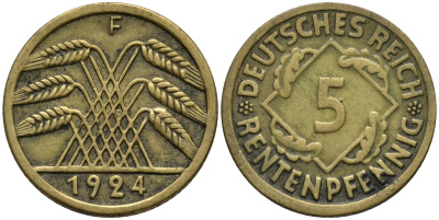Германия 5 рентенпфеннигов 1924 F KM 32 алюминиевая бронза 4396-1133
