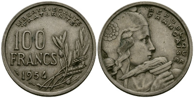 Франция 100 франков 1954 KM 919.1 медно-никель 4575-445