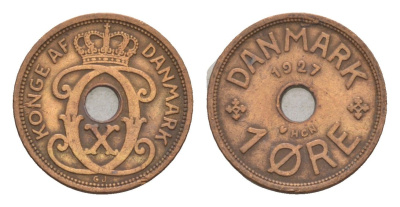Дания 1 эре 1927 HCN, Кристиан X (1912-1947) KM 826 бронза 4658-135