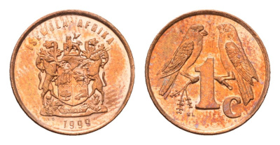 ЮАР 1 цент 1999 герб, капские воробьи KM 170 сталь плакированная медью UNC 4694-239