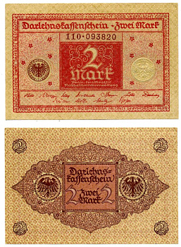 Германия 2 марки 1920 1 марта 1920, красная, серия 110 Pick 59, Розенберг 65b бумага aUNC 2195-35-2-2