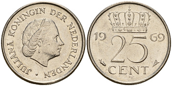 Нидерланды 25 центов 1969 Юлиана (1949-1980) VIS KM 183 никель    4598-434