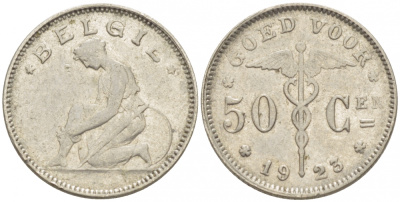 БЕЛЬГИЯ 50 САНТИМОВ 1923 BELGIE KM 88 никель 261-1658