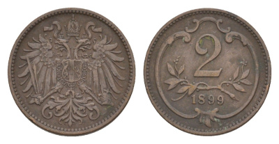 Австрия 2 геллера 1899 Франц Иосиф I (1848-1916) KM 2801 бронза 4639-1014