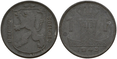 Бельгия 1 франк 1943 Belgique - Belgie, Леопольд III (1934-1947), германская оккупация, Вторая мировая война KM 127 цинк 4161-516