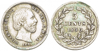 Нидерланды 5 центов 1850 Виллем III (1849-1890), точка после даты KM 91 серебро 3955-211