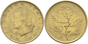 Италия 20 лир 1983 R, дубовая ветвь KM 97.2 алюминиевая бронза 4126-112