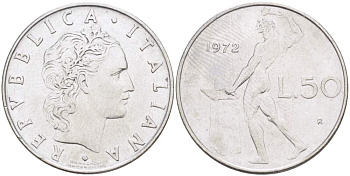 ИТАЛИЯ 50 ЛИР 1972 R, КУЗНЕЦ, ВУЛКАН БОГ ОГНЯ, ДИАМЕТР 25 ММ. KM 95.1 нержавеющая сталь 117-1033