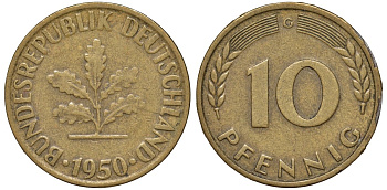 ФРГ 10 пфеннигов 1950 C KM 108, J. 383 сталь плакированная латунью 4132-516