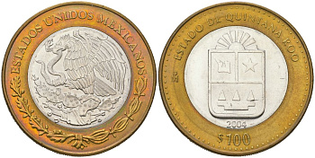 Мексика 100 песо 2004 180 лет Федерации - Кинтана-Роо KM 736 биметалл, серебро BU 00-1067-9-21