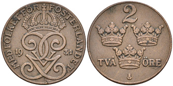 Швеция 2 эре 1931 Густав V (1907-1950) KM 778 бронза 63-1246