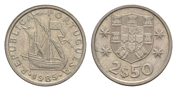 Португалия 2,5 эскудо 1985 парусник KM 590 медно-никель aUNC 4632-327