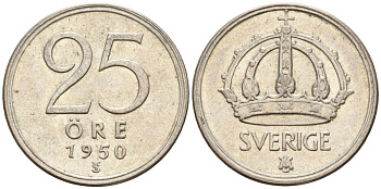 Швеция 25 эре 1950 TS, Густав V (1907-1950) KM 816 серебро 4147-1023
