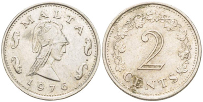 Мальта 2 цента 1976 Пентесилея, царица амазонок KM 9 медь цинк 4523-1026