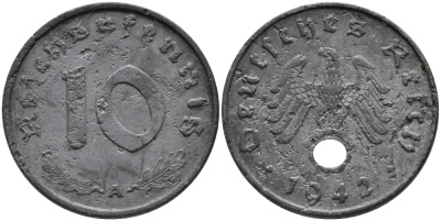 ГЕРМАНИЯ 10 РЕЙХСПФЕННИГОВ 1942 A KM 101, J.371 цинк 95-757