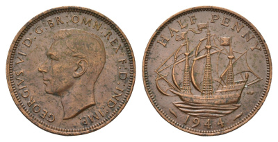 Великобритания 1/2 пенни 1944 Георг VI (1936-1952) KM 844, Spink 4115 бронза 4519-242