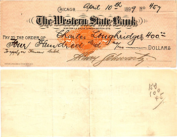США чек на 400 долларов 1899 The Western State Bank, Чикаго бумага 6287-46-2-1
