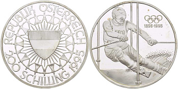 Австрия 200 шиллингов 1995 100 лет Олимпийским играм, слалом KM 3027 серебро PROOF 1085-6-32