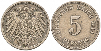 ГЕРМАНИЯ 5 ПФЕННИГОВ 1914 A, KM 11, J. 12 медно-никель 73-1513