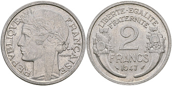 Франция 2 франка 1947 KM 886a, Le Franc 269.10 алюминий 51-4216