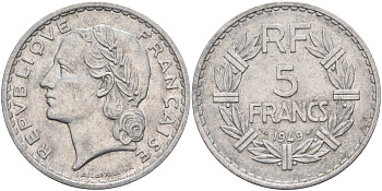 Франция 5 франков 1949 тип Лаврийе KM 888b.1, Le Franc 339.17 алюминий 4117-1146