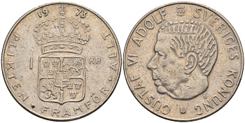 Швеция 1 крона 1973 U, Густав VI Адольф (1950-1973) KM 826a медь плакированный медно-никелем 4150-341