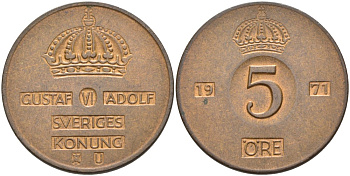 Швеция 5 эре 1971 U, Густав VI Адольф (1950-1973) KM 822 бронза 4557-836
