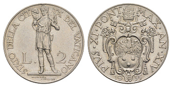 Ватикан 2 лиры 1935 Пий XI (1922-1939) KM 6 никель aUNC 4652-725