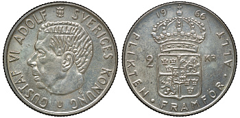 Швеция 2 кроны 1966 U, Густав VI Адольф (1950-1973) KM 827 серебро 4179-1343