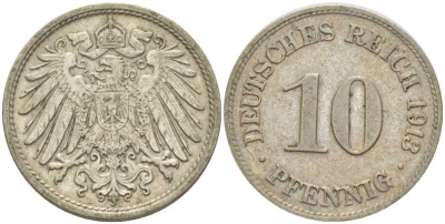 ГЕРМАНИЯ 10 ПФЕННИГОВ 1913 D KM 12, J. 13, Weege 8 медно-никель 212-242