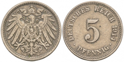 ГЕРМАНИЯ 5 ПФЕННИГОВ 1914 A, KM 11, J. 12 медно-никель 73-1513
