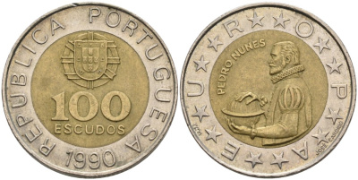Португалия 100 эскудо 1990 Педру Нуниш (1502-1578), математик KM 645.1 биметалл 4571-952