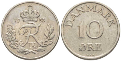 Дания 10 эре 1953 N; S, Фредерик IX (1947-1972) KM 841.1 медно-никель 201-1214