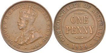 АВСТРАЛИЯ 1 ПЕННИ 1934 ГЕОРГ V (1910-1936) KM 23 бронза 4512-1122