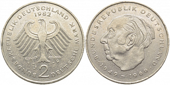 ФРГ 2 МАРКИ 1982 J, ТЕОДОР ХОЙС KM 127, J. 407 медно-никель плакированный никелем 3856-351