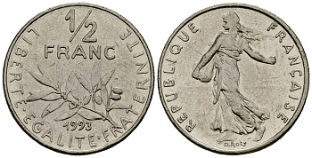 Франция 1/2 франка 1993 сеятель KM 931 никель 4135-736