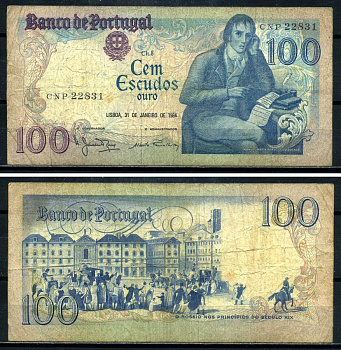 Португалия 100 эскудо 1984 Бокаже Мануэль Мария Барбоза, 31 января 1984, signatures: Manuel Jacinto Nunes & Alberto Jos? dos Santos Ramalheira Pick 178c(7) бумага 8590-11-1-1