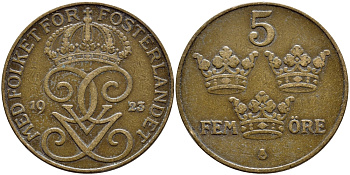 Швеция 5 эре 1923 Густав V (1907-1950) KM 779.2 бронза 4394-911