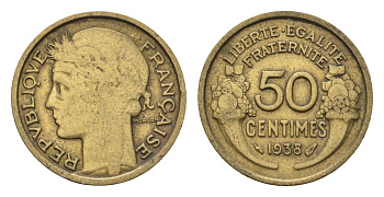 Франция 50 сантимов 1938 KM 894 алюминиевая бронза 4684-135