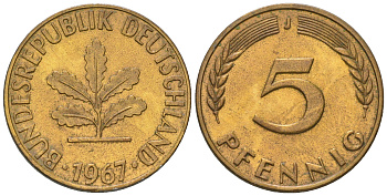 ФРГ 5 пфеннигов 1967 J KM 107, J. 382 сталь плакированная латунью 4164-527