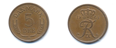Дания 5 эре 1963 C; S, Фредерик IX (1947-1972) KM 848.1 бронза 23-243